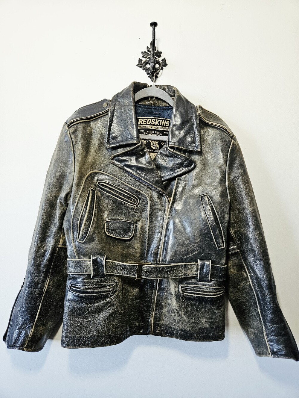 Vintage 90s Redskins Leather Jacket Size XL Asymmetrical Zip Motorcycle
